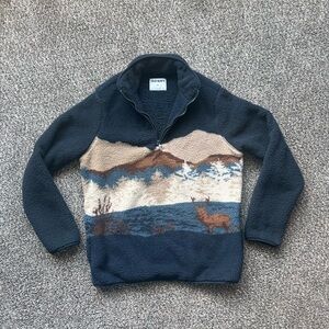 Old Navy Men's Printed Sherpa Quarter-Zip Pullover | Navy Deer Mountain Scence